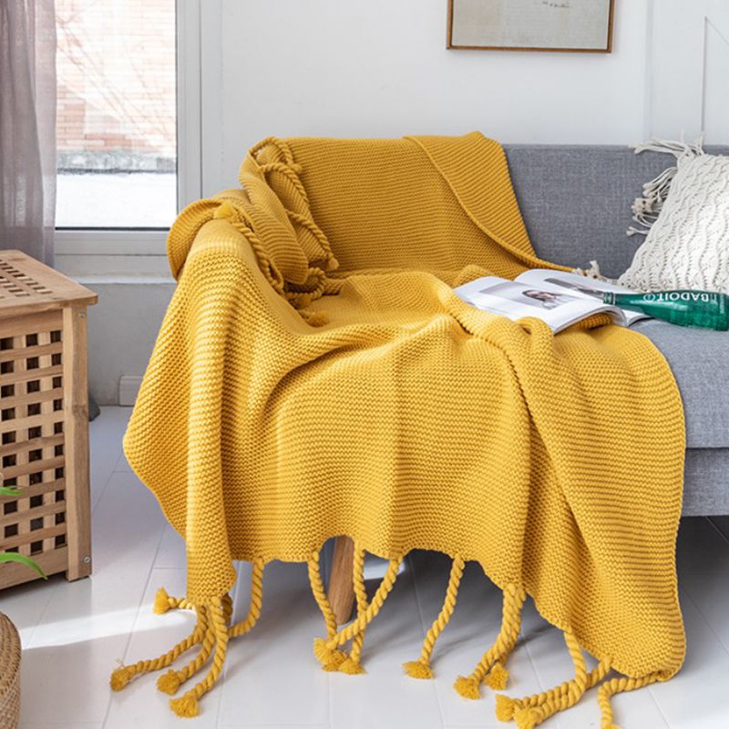 Sofa Throw - Knitted Yarn Blanket with Pom Poms