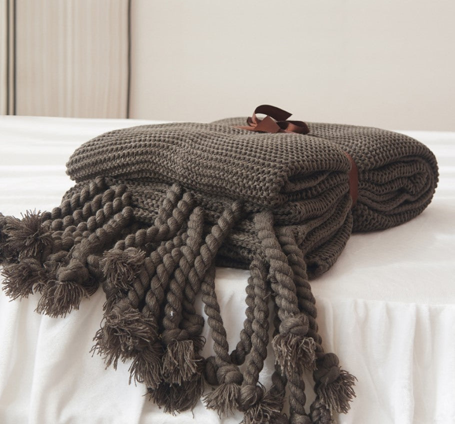 Sofa Throw - Knitted Yarn Blanket with Pom Poms