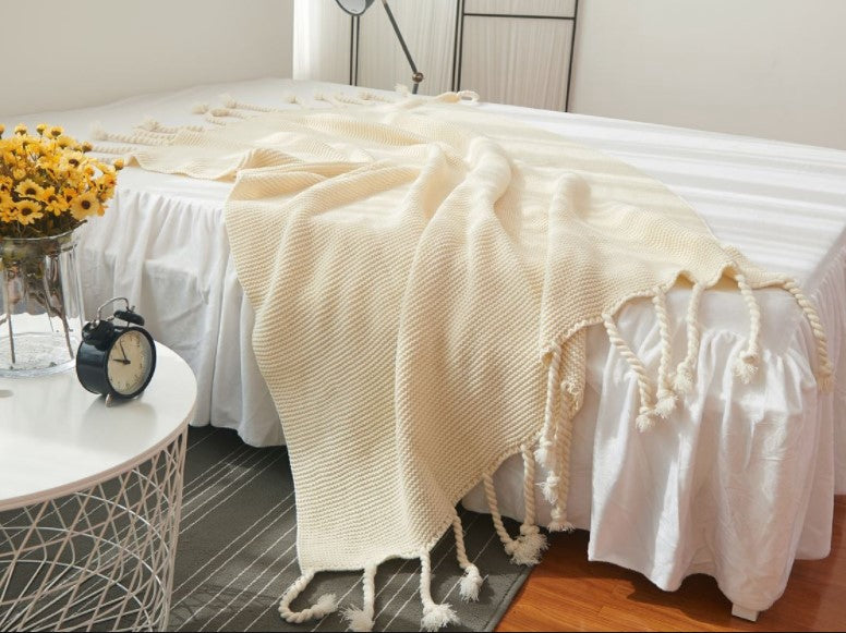 Sofa Throw - Knitted Yarn Blanket with Pom Poms