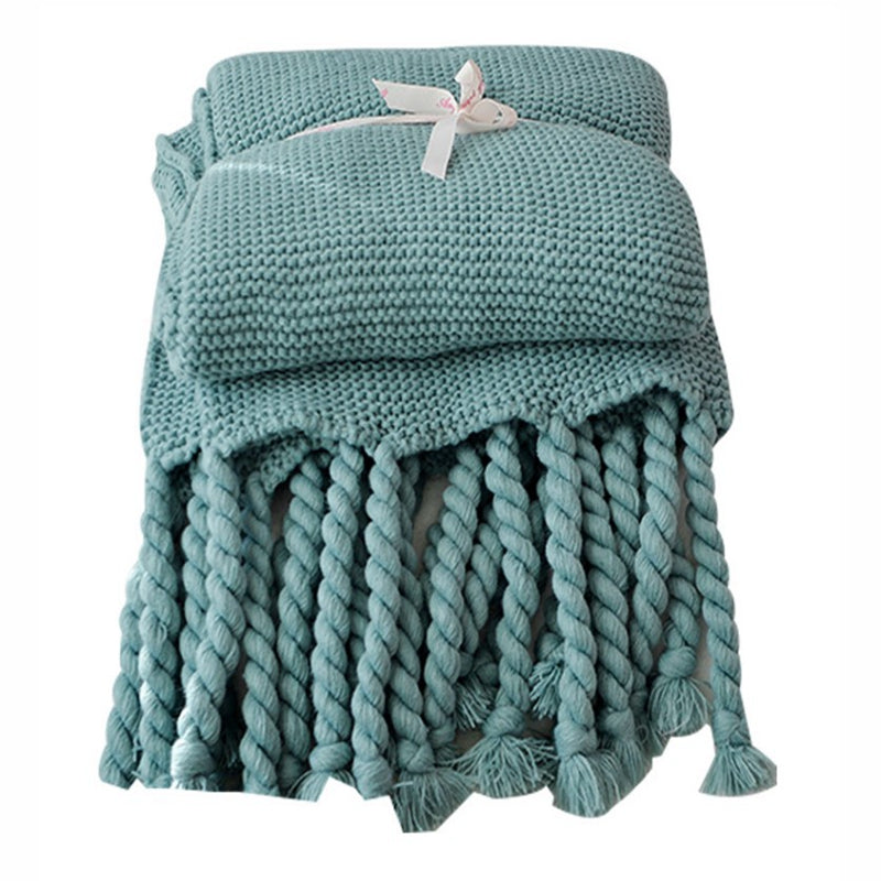 Sofa Throw - Knitted Yarn Blanket with Pom Poms