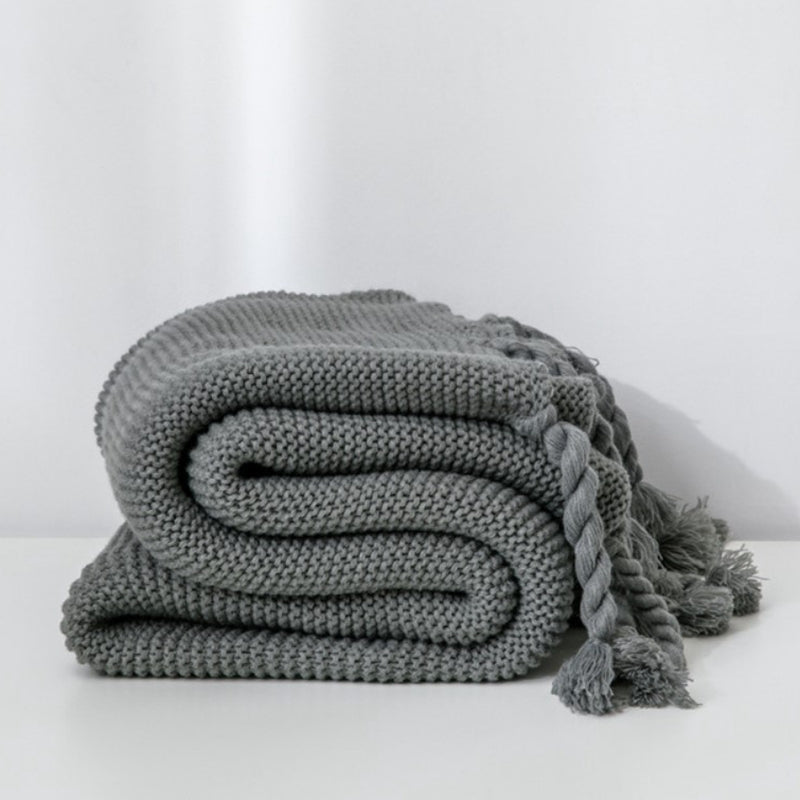 Sofa Throw - Knitted Yarn Blanket with Pom Poms