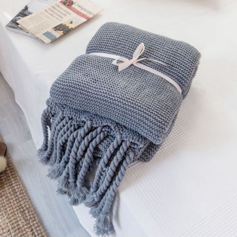 Sofa Throw - Knitted Yarn Blanket with Pom Poms