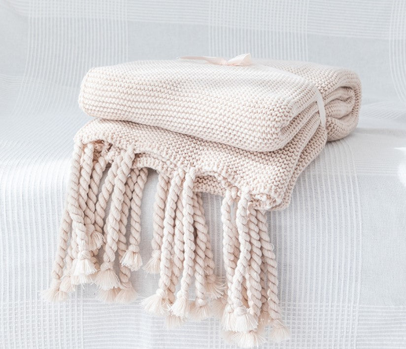 Sofa Throw - Knitted Yarn Blanket with Pom Poms