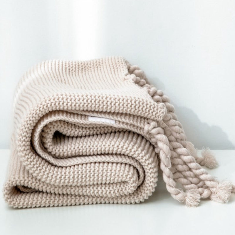 Sofa Throw - Knitted Yarn Blanket with Pom Poms