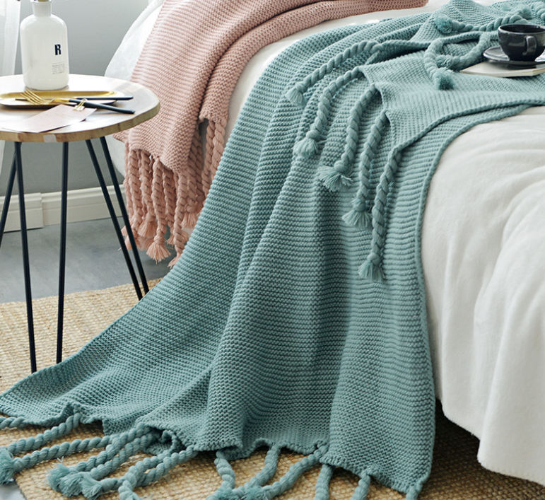 Sofa Throw - Knitted Yarn Blanket with Pom Poms