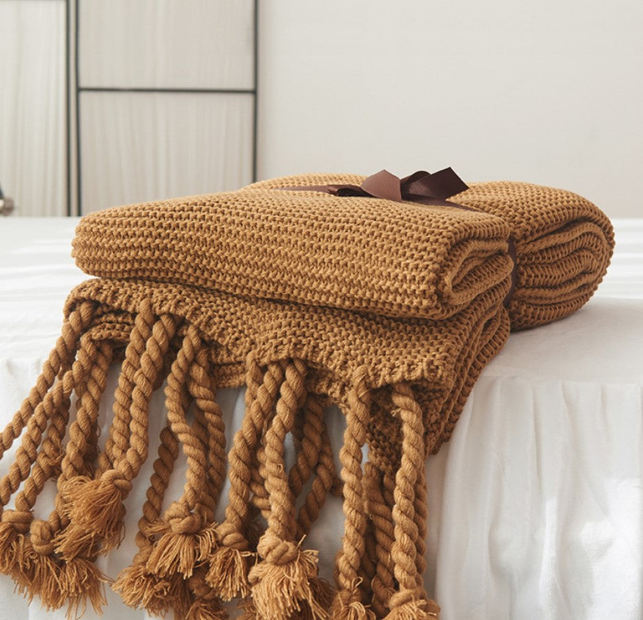 Sofa Throw - Knitted Yarn Blanket with Pom Poms