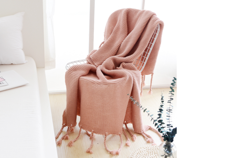 Sofa Throw - Knitted Yarn Blanket with Pom Poms